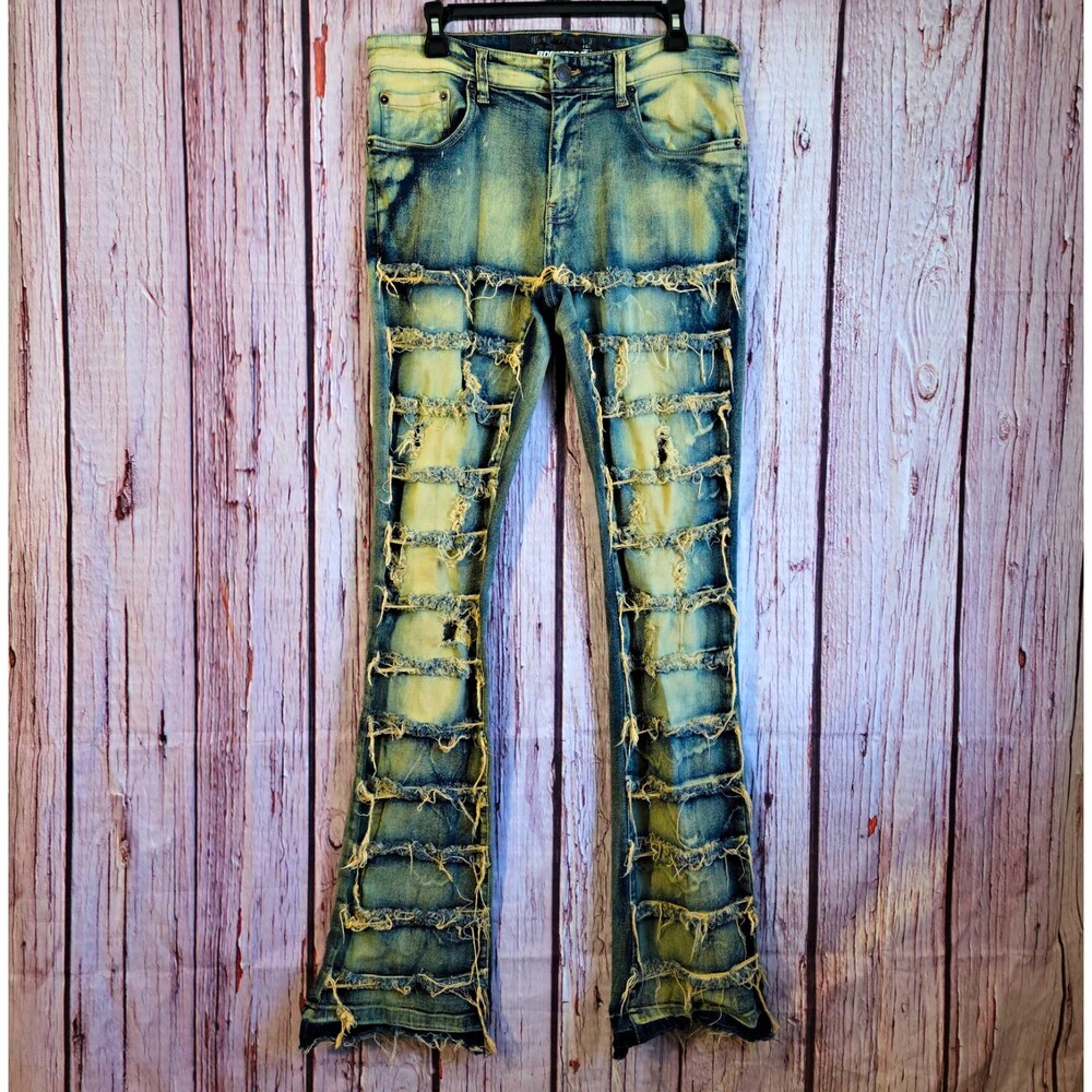 Rockstar Original Men's Stretch Flare Light Wash Distressed Denim Jeans 32 x 36